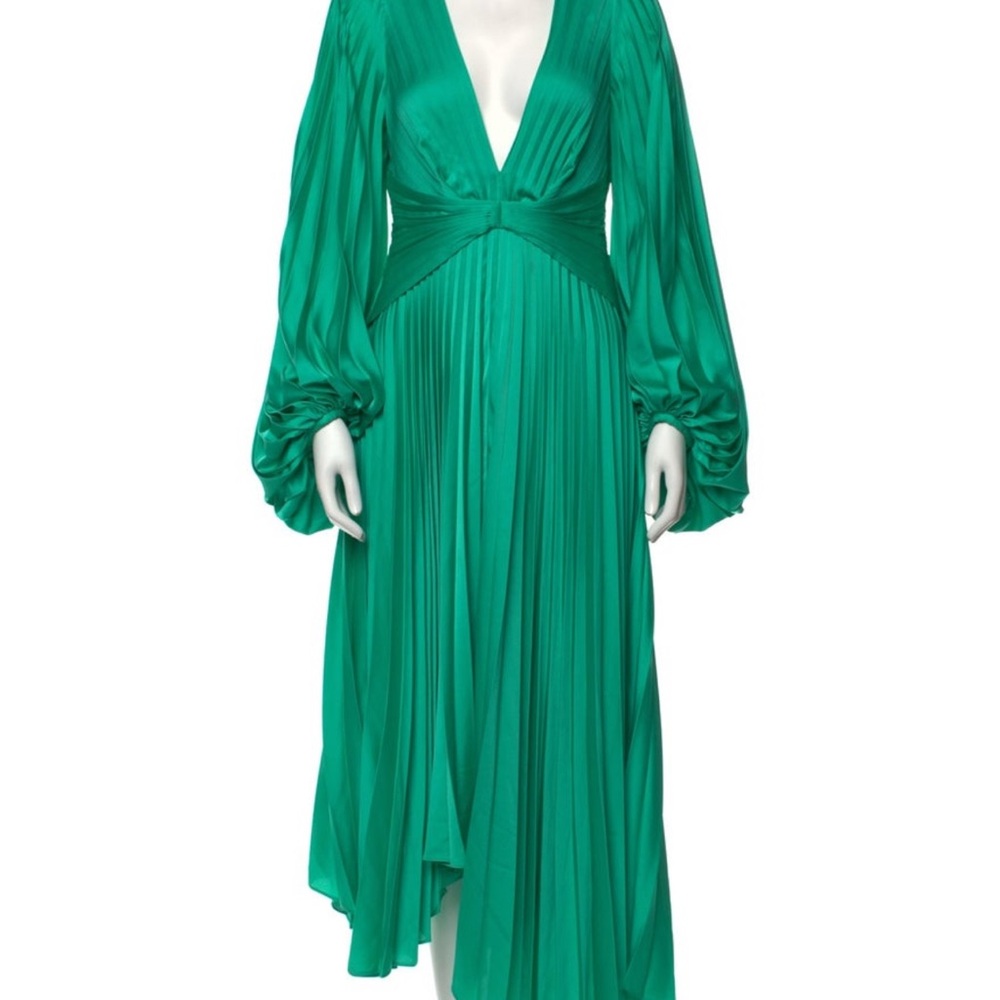 Acler Green V-Neck Pleated Long Sleeve Dress